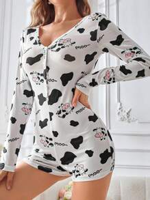 SHEIN Women Cow Print V-Neck Long Sleeve Button Front Romper, Cozy And Elegant Details, Fall & Winter - Multicolor - View 6