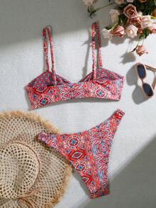 2pcs/Set Printed Reversible Bikini Swimwear Summer - Red - View 5