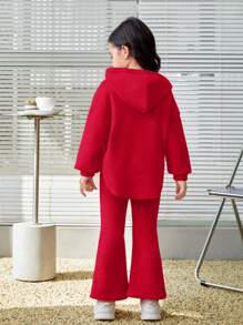 Leap Crew 2pcs/Set Young Girl Toddler Coordinating Hoodie Sweatshirt With Asymmetrical Hem And Pants - Red - View 6