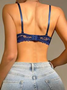 Women's Blue Contrast Lace Push Up Bra Casual Design With Slight Stretch Fabric - Blue - View 2