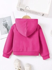 SHEIN Young Girl Casual Solid Color Zippered Front Hooded Jacket, Spring/Autumn - Hot Pink - View 2
