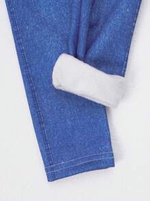 2pcs/Set Young Girl Casual Cool Denim Effect Knitted Thermal Lined Leggings In Black & Blue - Multicolor - View 4