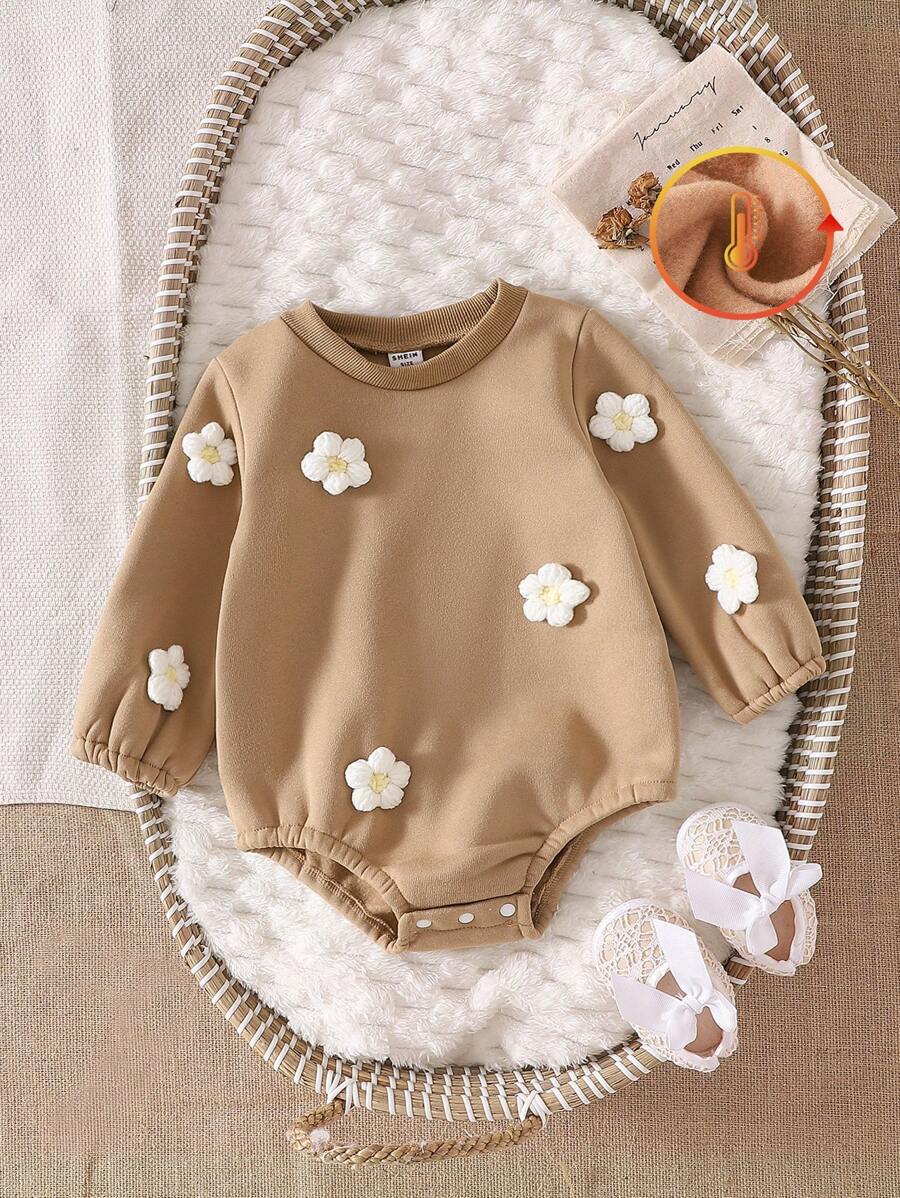 SHEIN Vintaside Kids 1件婴儿女童长袖碎花连体衣，秋冬季 - 棕色 - 查看 1