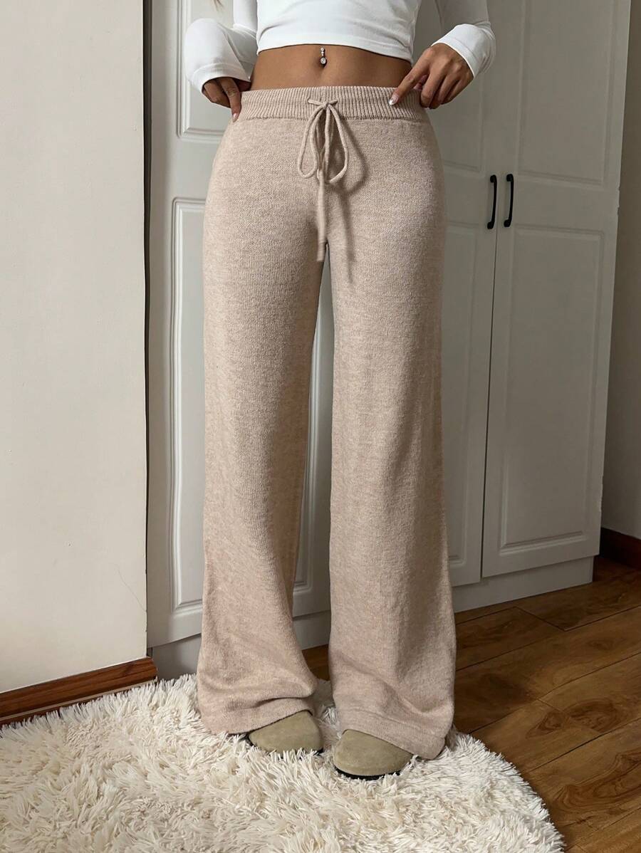 Quần len dáng rộng rút dây màu trơn đơn giản cho mùa thu/đông - Màu Khaki - Xem 1
