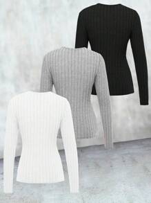 INAWLY Women's Solid V-Neck Long Sleeve Button Decor Simple Casual Top