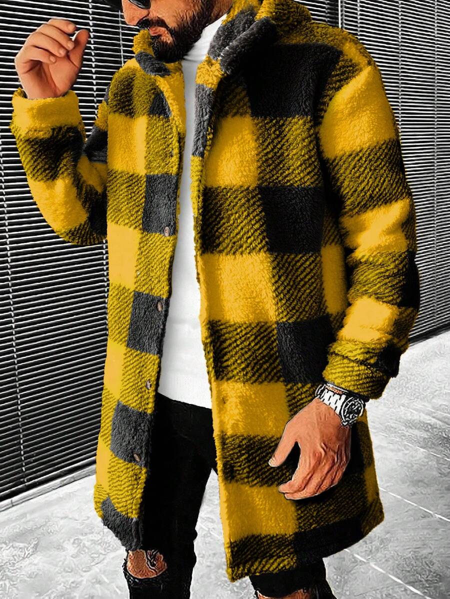 Manfinity Homme Men's Front Button Plaid Long Sleeve Hooded Coat, Autumn Winter Fall Clothes - Multicolor - View 1