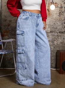 SHEIN ICON Quần Jeans Ống Rộng Túi Lửng Thường Ngày Size Lớn, Mùa Xuân/Thu - Rửa nhẹ - Xem 6