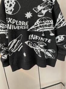 SHEIN Teen Boys' Casual Black & White Astronaut, Spaceship, UFO, Rocket, Moon Print Crew Neck Long Sleeve Sweater, Suitable For Autumn, Winter, Warmth, School, Home, Daily, Sports, Versatile, Layering - Black - View 5
