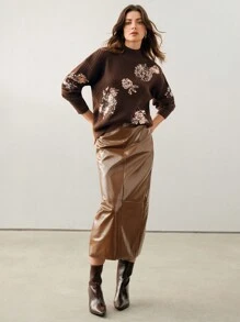 Anewsta 时尚都市通勤风精致亮片刺绣装饰宽松毛衣 - 棕色 - 查看 8