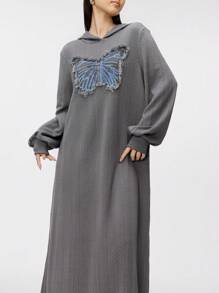 Mulvari 女士 3D 蝴蝶装饰连帽长款卫衣连衣裙，休闲宽松款式，秋冬