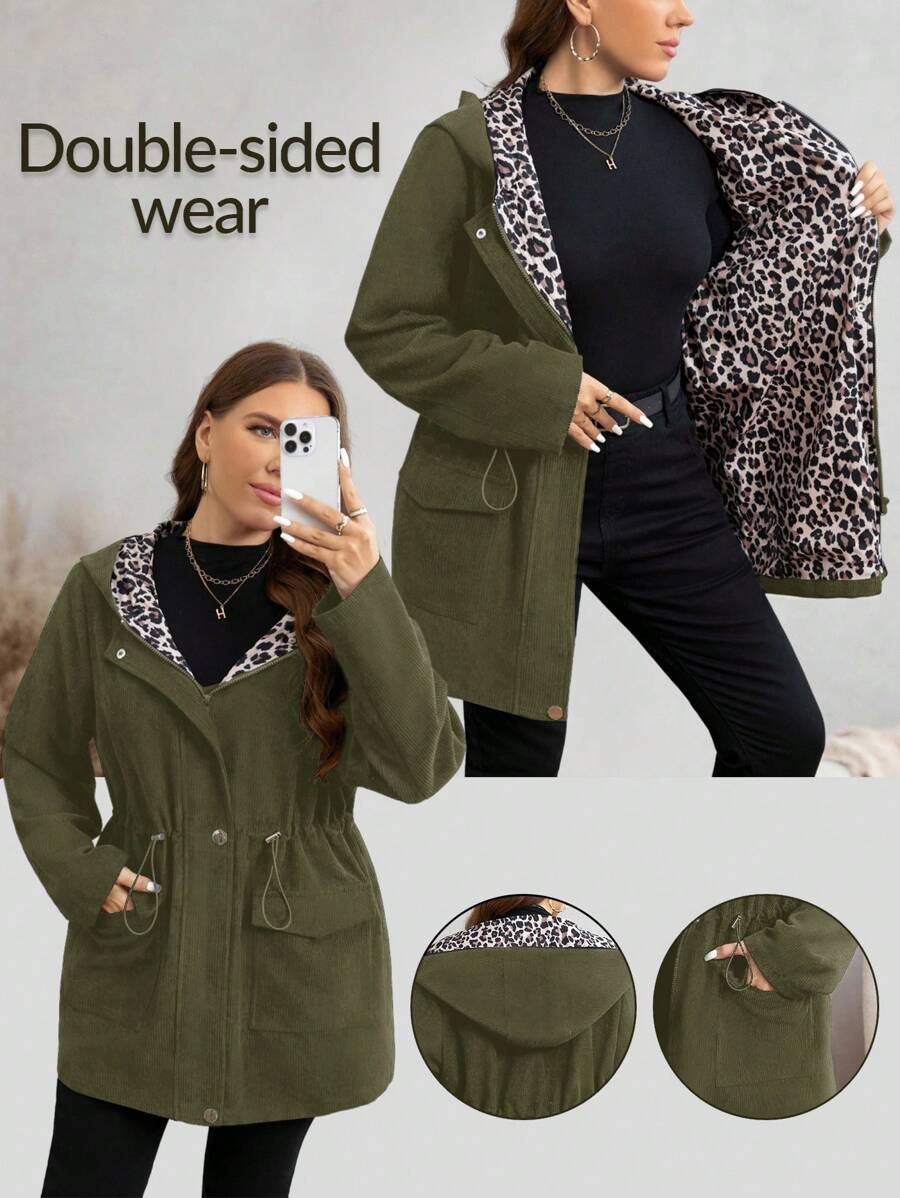 SHEIN LUNE 大码女式抽绳腰休闲豹纹拼布夹克，秋季