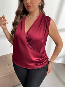 SHEIN Privé Blusa unicolor de cuello cruzado de satén - Granate - Ver 5