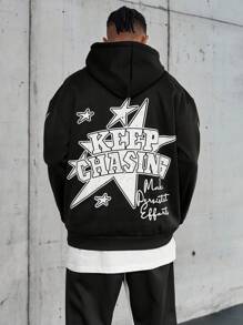 PAVTROS Manfinity Streetrush Oversized Men's Cross & Letter Graphic Drop Shoulder Drawstring Hoodie,Graphic Sweatshirt,Crew Neck Sweatshirt,Back To School Clothes - Black - View 1