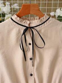 SHEIN Clasi Women's Elegant Tie Collar Color-Block Pleated Long Sleeve Dress Maxi Women Outfit