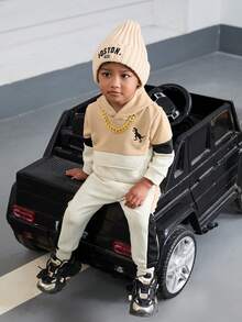 Bộ 2 quần nỉ in họa tiết khủng long màu tương phản cho bé trai và quần nỉ chắp vá, dễ thương và thời trang cho hoạt động ngoài trời hoặc giải trí, phù hợp cho mùa thu/đông - Màu be - Xem 6