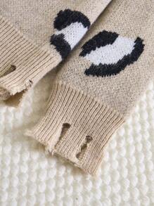 Teenage Girls Sweater, Fashionable New Street Style With Distressed V-Neck Leopard Print Pattern In Khaki Color, Unique Ripped Collar And Hem Design, Suitable For People And Various Occasions Like Home, Travel, Parties, Especially Music Festivals, Halloween, Christmas, Autumn/Winter