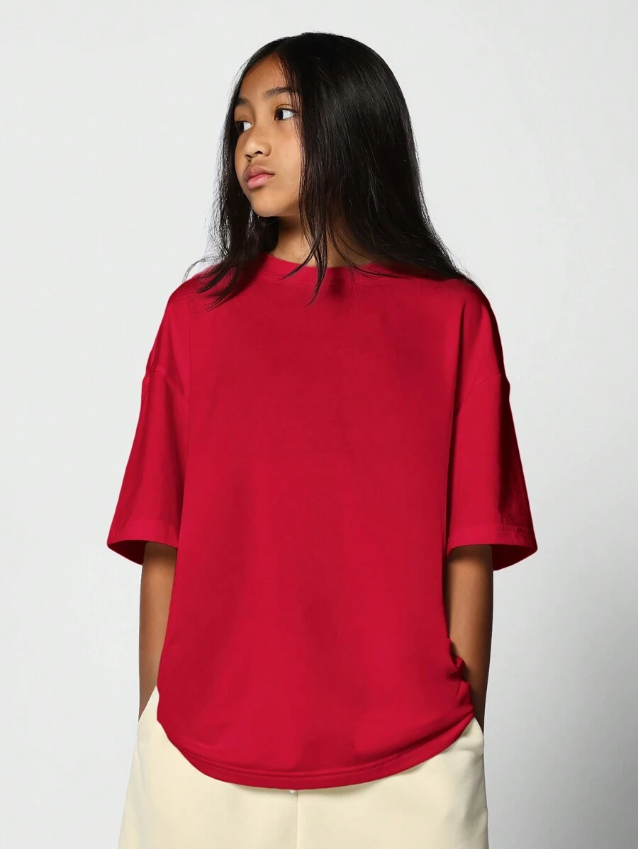 SUMWON Oversized Cotton T-Shirt Crew Neck Boxy Fit Casual Summer Basic Essential Half Sleeve Relaxed Shoulder Everyday Wear Comfortable Streetwear Classic Cut Drop Shoulder Design Vacation - Red - View 1