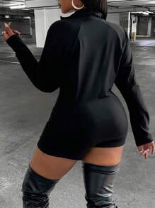 Maweii 2 chiếc/Bộ áo dài tay có khóa kéo in chữ cỡ lớn và quần short - màu đen - Xem 2