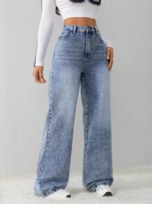 SHEIN Tall 女士牛仔裤休闲宽松直筒裤蓝色冬季牛仔裤高腰女士牛仔裤 - 淺色水洗藍 - 查看 3