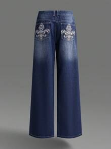 SHEIN EZwear 女式街头服饰 Y2K 复古图案刺绣水洗宽松牛仔裤 - 深色水洗藍 - 查看 8
