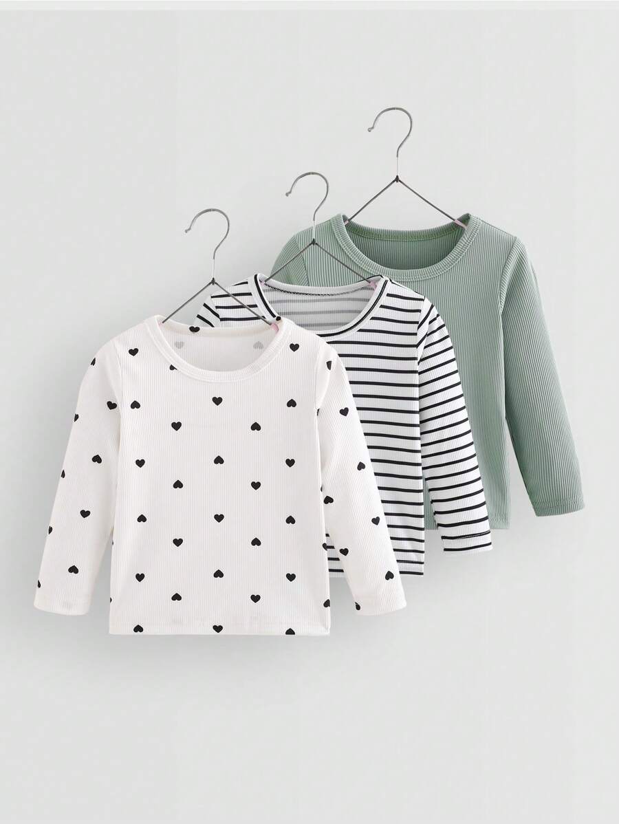 SHEIN Playful Pals 3件套女婴条纹波点休闲舒适上衣套装，时尚秋冬款 - 彩色 - 查看 1