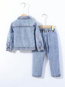 Young Boys Fashion Casual Washed Distressed Denim Jacket Paired With Straight Leg Washed Distressed Denim Pants Set