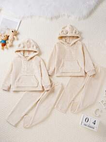 2pcs Young Boys Set, Casual Flannel Hoodie Top & Pants Outfit, Latte Color - Apricot - View 1