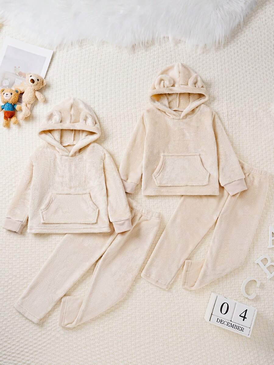 2pcs Young Boys Set, Casual Flannel Hoodie Top & Pants Outfit, Latte Color - Apricot - View 1