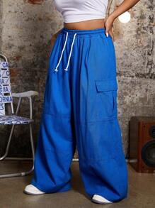 SHEIN ICON Plus Size Casual Drawstring Waist Loose Fit Solid Color Denim Cargo Pants For Spring/Autumn - Blue - View 5