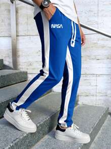 Manfinity Homme 男士休闲运动风格字母印花拼色抽绳腰部修身运动裤 - 寶藍色 - 查看 3