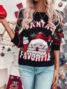 SHEIN LUNE Christmas Pattern Casual Knit Sweater, Autumn/Winter, Knit Pullover Fall - Black - View 4
