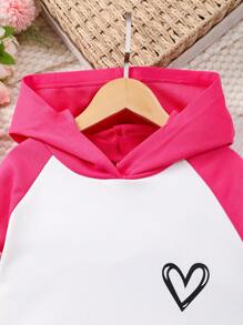 SHEIN 2 件女童运动衫套装，拼色连帽运动衫和休闲长裤，适合秋冬季 - 玫紅色 - 查看 5