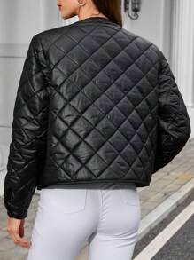 SHEIN Clasi 女士宽松绗缝夹棉大衣，配金属按扣口袋 - 黑色 - 查看 4