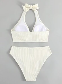 SHEIN Swim Bộ Bikini Nữ Nhẫn Buộc lại màu trơn - Màu be - Xem 2
