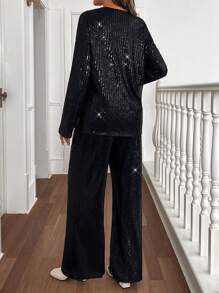 SHEIN 孕妇纯色亮片长袖外套和裤子宽松时尚套装，秋季 - 黑色 - 查看 2