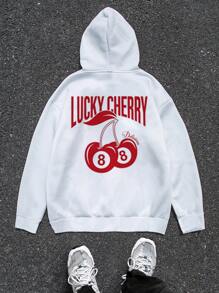 Manfinity Hypemode 男士撞色樱桃印花连帽运动衫复古图案长袖厚白色连帽衫，适合朋友、丈夫、男朋友的礼物