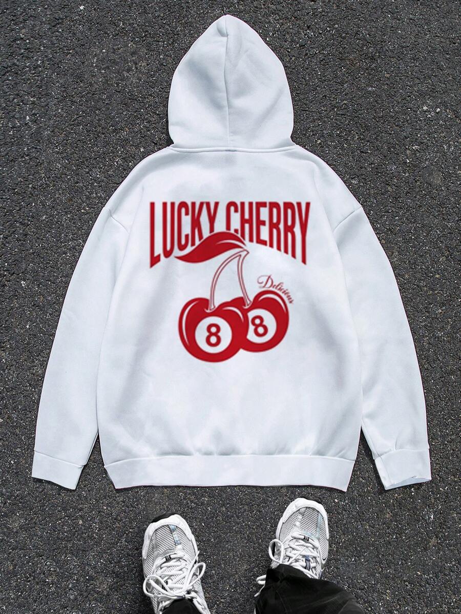 Manfinity Hypemode 男士撞色樱桃印花连帽运动衫复古图案长袖厚白色连帽衫，适合朋友、丈夫、男朋友的礼物