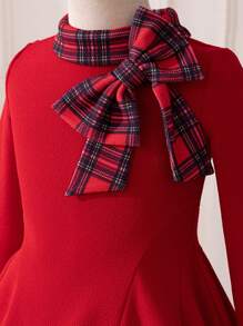 SHEIN Young Girl Solid Color Knitted Round Neck Plaid Patchwork Dress, For Christmas - Red - View 8