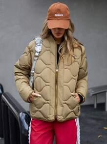 EMERY ROSE Casual Quilted Baseball Puffer Jacket, Versatile Splicing Design Women Outerwear Fall Cloth For Women - Khaki - View 8