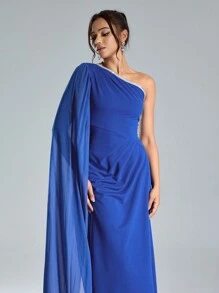 SHEIN Belle Đầm dạ hội trang trọng xếp ly một bên vai thắt eo thanh lịch cho quý cô, mùa thu - Màu xanh lam - Xem 7