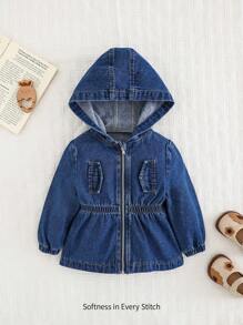 Cozy Pixies Áo khoác denim xanh dễ thương ấm áp có mũ trùm đầu dài tay bó eo cho bé gái, quần áo giữ nhiệt mùa thu/đông cho bé gái - Rửa trung bình - Xem 8