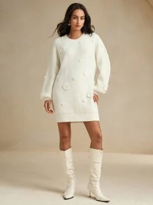 Anewsta Váy len móc họa tiết hoa 3D cỡ lớn thanh lịch sang trọng - trắng - Xem 9