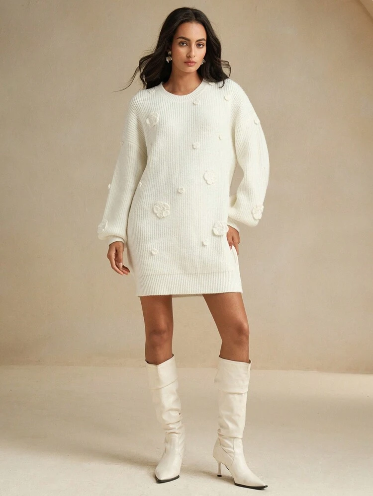 Solid Elegant Oversized Textured 3D Floral Crochet Sweater Dress