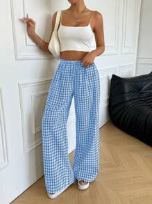 SHEIN EZwear Quần ống rộng kẻ caro buộc eo thường ngày cho nữ - Xanh và trắng - Xem 4