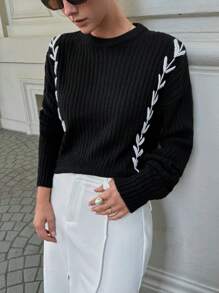 EURMUSE Women Hand Made Knitting Detailed Black Round Neck Pullover Sweater - Black - View 4