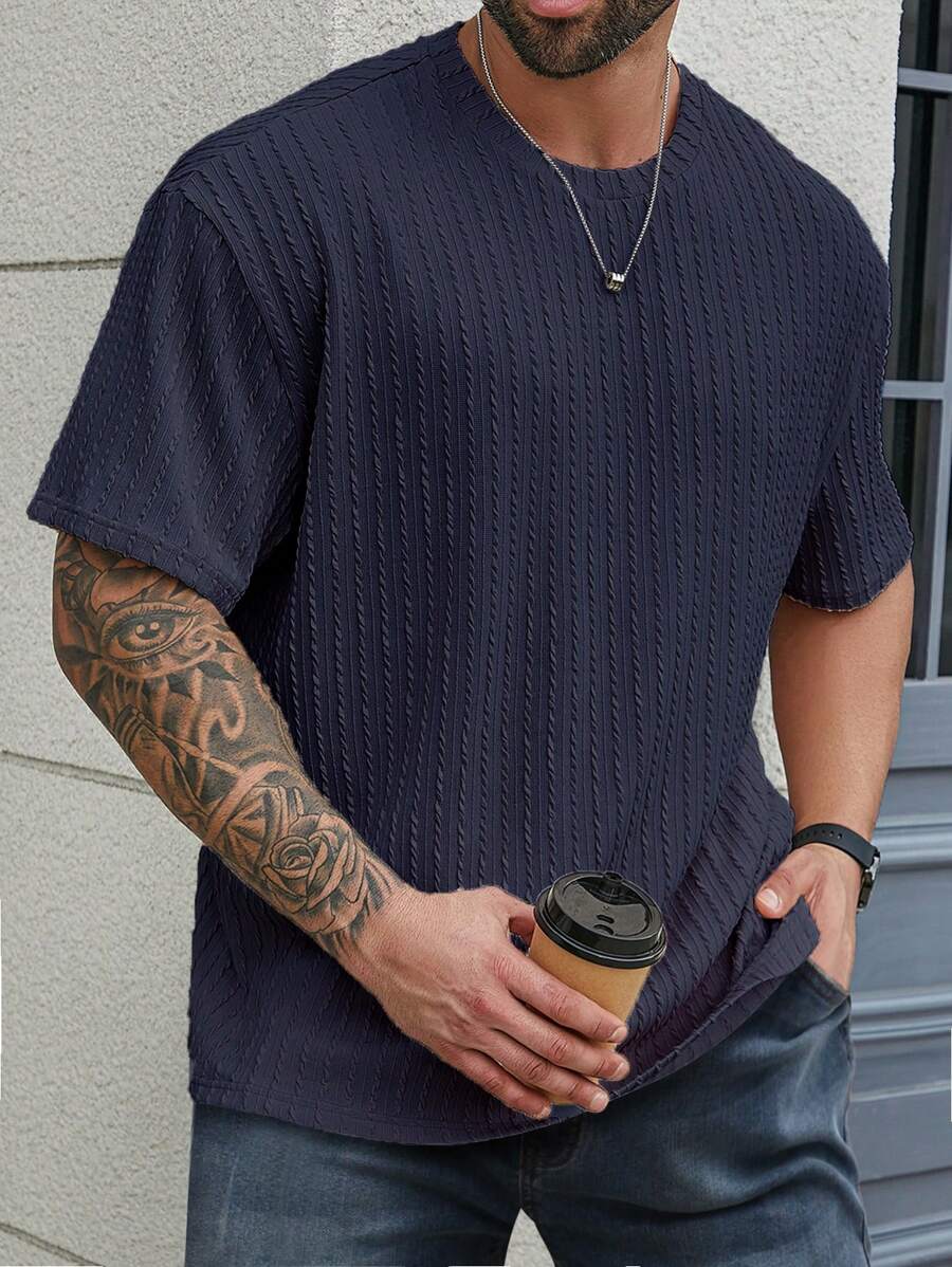 Manfinity Homme 大码男式纯色纹理圆领短袖休闲 T 恤 - 藏蓝色 - 查看 1
