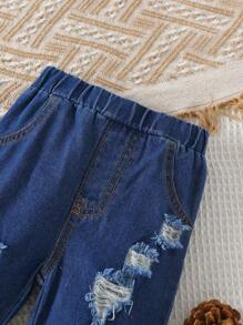 2pcs Kids Graphic Sweatshirt & Ripped Denim Pants Set - Long Sleeve Round Neck Pullover With Embossed & Print Letters, Casual Streetwear Outfit For Baby Boys And Girls - White - View 6