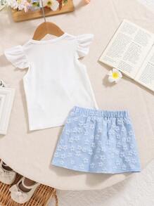 SHEIN 女婴 2 件套休闲蝴蝶短袖上衣和裙子套装，春夏 - 藍色 - 查看 2