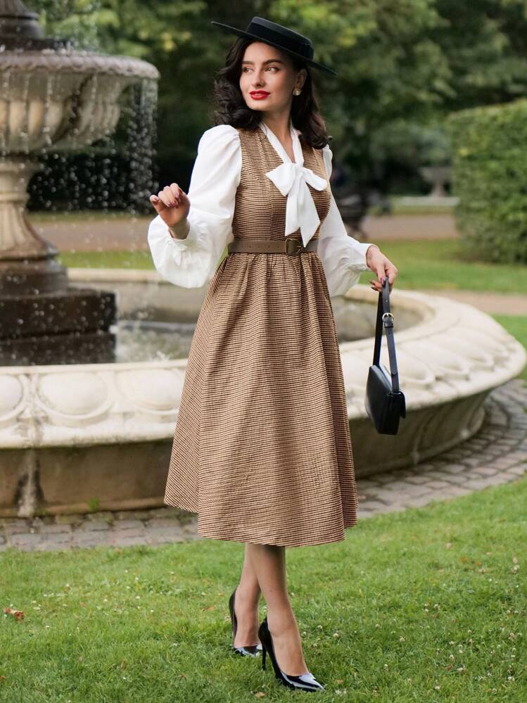 Vintamour 复古优雅女士腰带连衣裙，蝴蝶结荷叶边连衣裙，格子印花长袖连衣裙秋季女装女士连衣裙返校商务 - 卡其色 - 查看 3