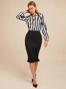 SHEIN Clasi 2pcs Set: Striped Cutout Waist Bodycon Ruffle Hem Skirt For Women - Multicolor - View 2
